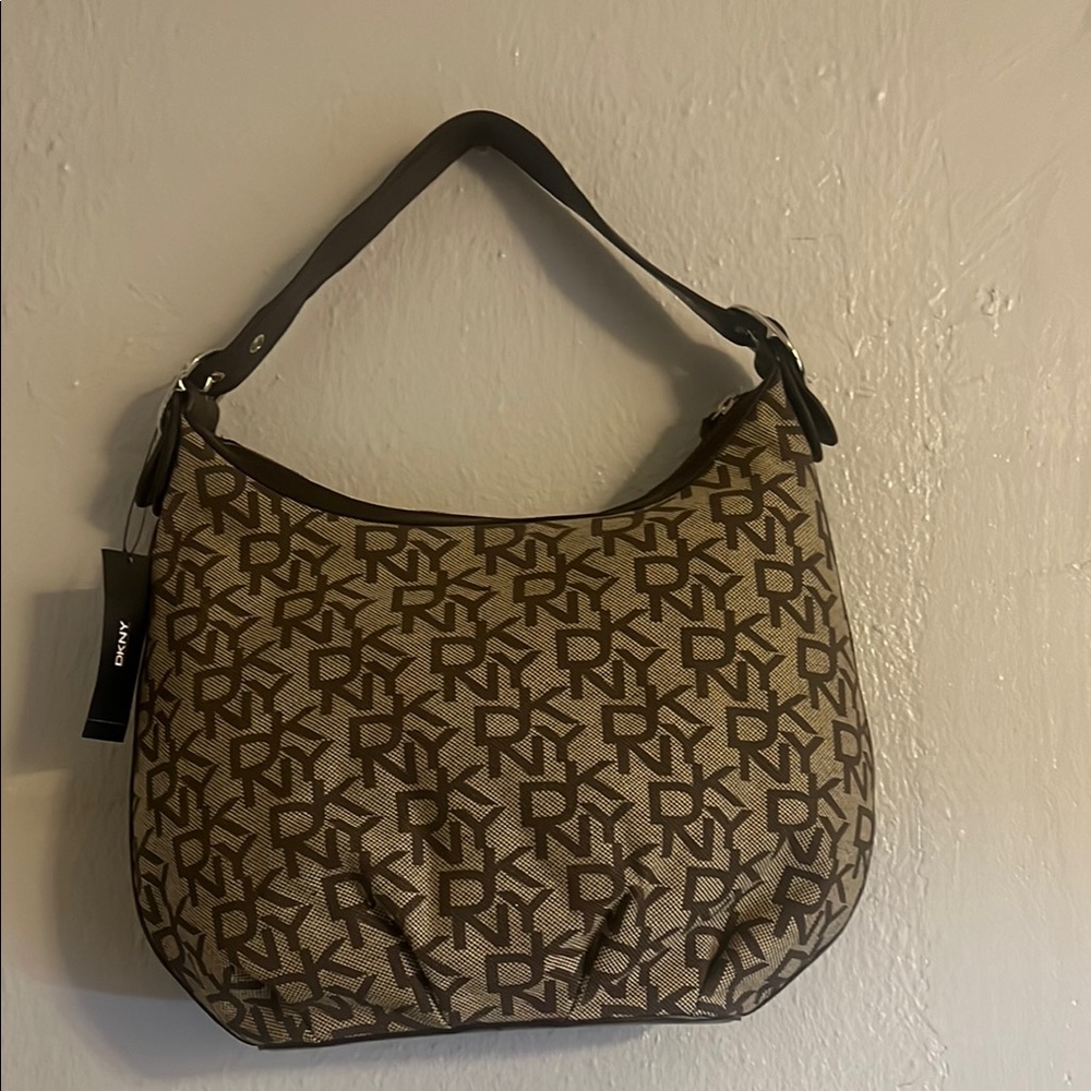 DKNY Brown Hobo Bag with Monogram Design